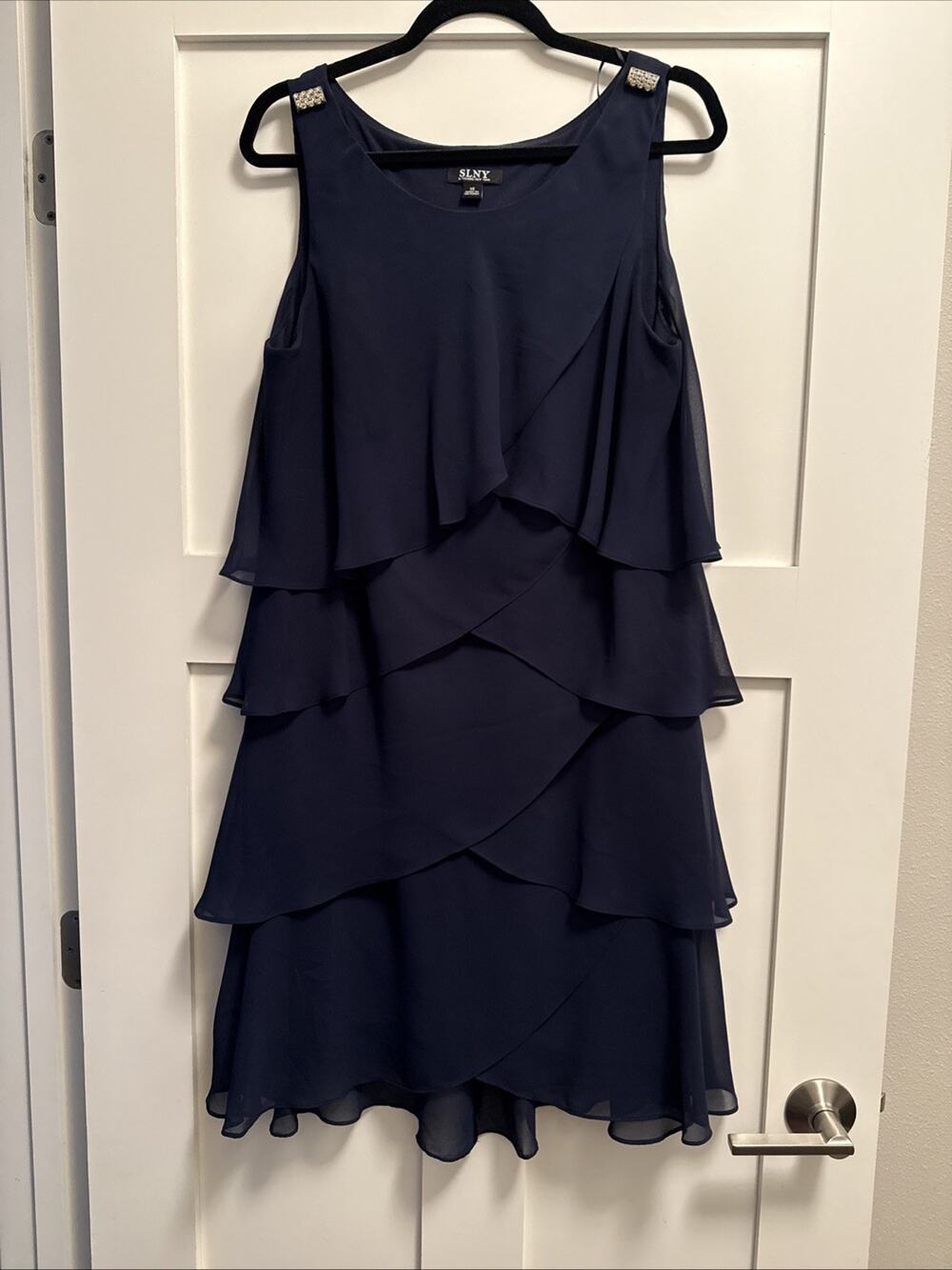 SLNY Women Cocktail Dress Tiered Ruffle Rhinestone Navy Blue 14